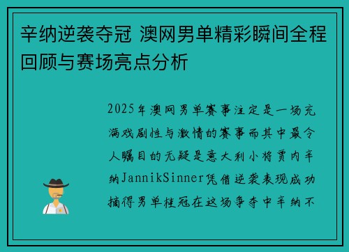 辛纳逆袭夺冠 澳网男单精彩瞬间全程回顾与赛场亮点分析